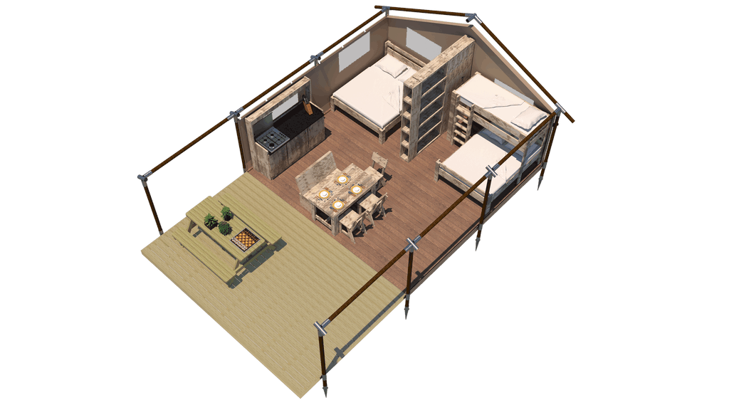 Safari Cabin - With solid floors, a fully equipped kitchen and proper beds, it’s all you need to get yor guests out into the great outdoors. Safari Cabin